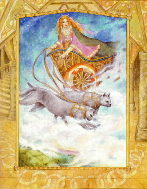 Freyja in her cat-drawn chariot.